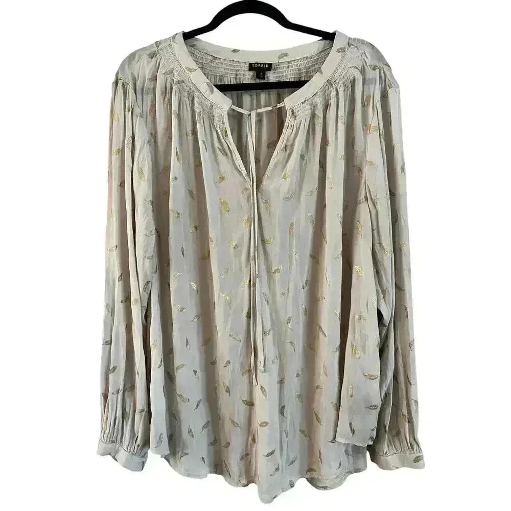 Torrid Crepe Tie Neck Blouse Top Blush Gold Leaf Long Sleeve Size 3X